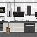 Modern Kitchen With Black Appliances White Cabinets Countertop Utensils And Vegetable Basket