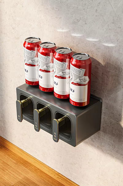 Red Spice Bottles on Gray Wall Mounted Rack with Gold Handles and Compartments 3d model
