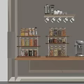 Organized Spice Jars With Various Spices On Wooden Metal Shelves In Modern Kitchen
