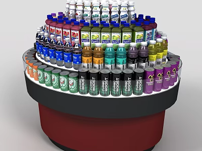 Multi tiered Circular Display Shelf with Various Colored Bottled Products in Retail Store 3d model