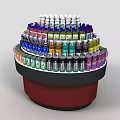 Multi tiered Circular Display Shelf with Various Colored Bottled Products in Retail Store