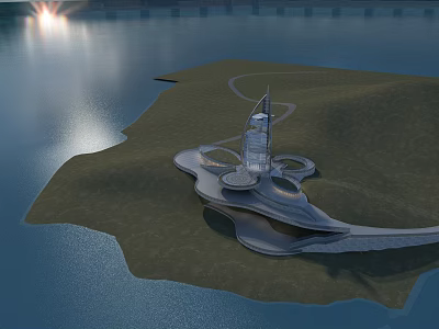 Modern Island Architecture With Curved Design Surrounding Water And Scenic Sunset View 3d model