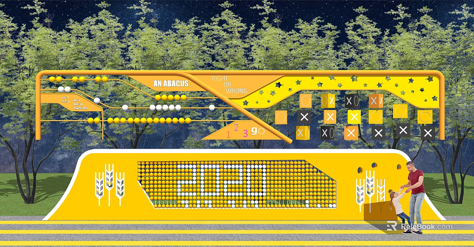 Contemporary Yellow Building Exterior With Grid Structure Digital Display Wheat Patterns And AR Elements 3d model