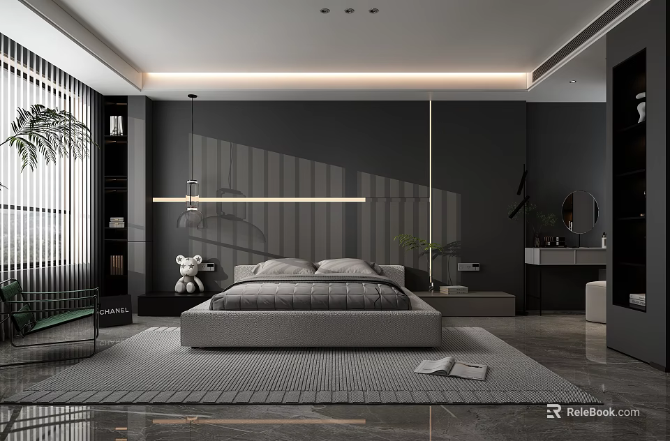 Modern Dark Bedroom Interior With Large Bed Area Rug Blinds And Potted Plants 3d model 
