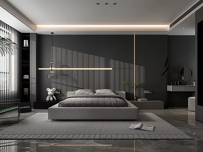 Modern Dark Bedroom Interior With Large Bed Area Rug Blinds And Potted Plants 3d model