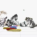 Ink Painting Style Window Display with Bamboo Rocks Stone Path and Dragonfly