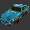 Blue Sports Car With Custom Black Graphics Yellow Headlights Black Wheels And Rear Spoiler