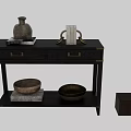 Dark Wood Functional Console Table With Brass Accents Drawers And Decorative Bowls