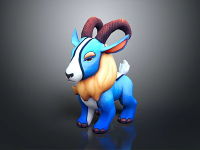 3D Blue Goat Model With Brown Horns Orange Mane White Markings Standing on Dark Background 3d model