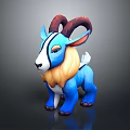 3D Blue Goat Model With Brown Horns Orange Mane White Markings Standing on Dark Background