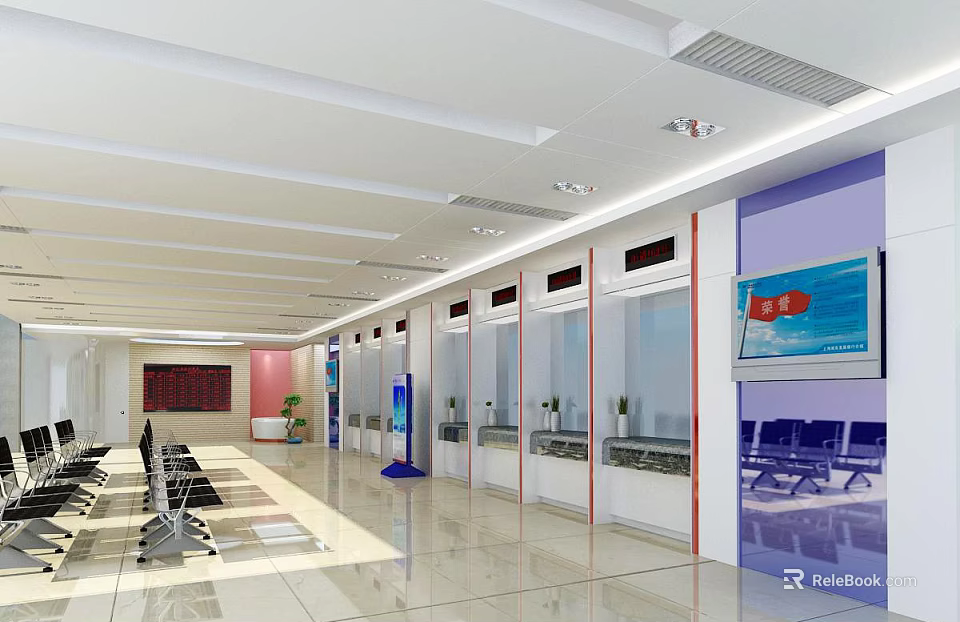 Open Clean Bright Service Hall With Multiple Service Windows Blue Screen National Flag And Seats 3d model 