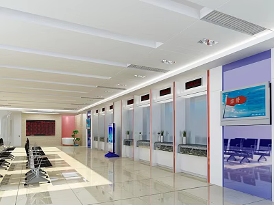 Open Clean Bright Service Hall With Multiple Service Windows Blue Screen National Flag And Seats 3d model