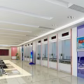 Open Clean Bright Service Hall With Multiple Service Windows Blue Screen National Flag And Seats