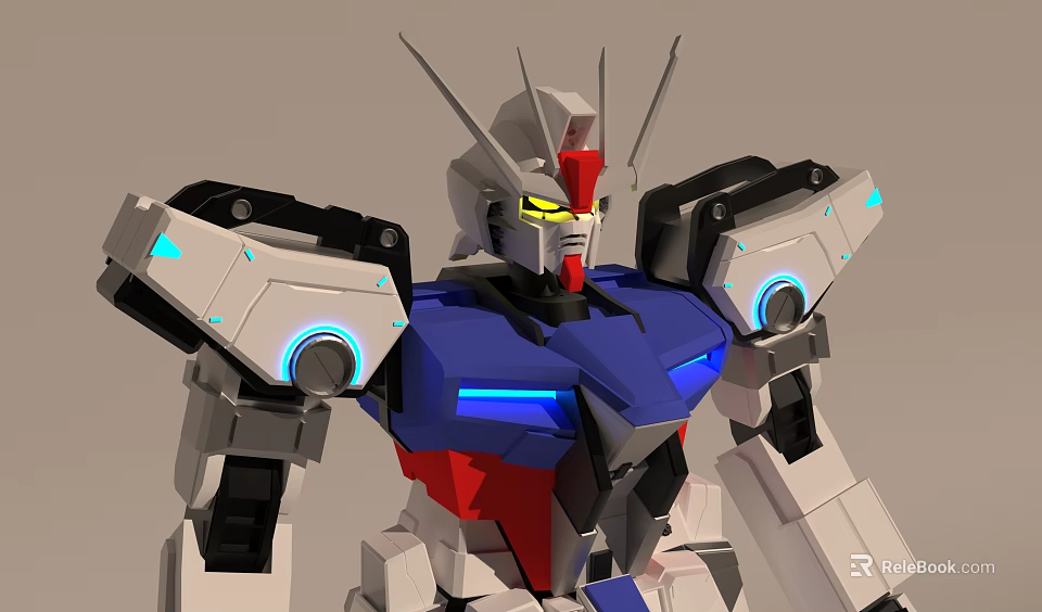 Game Movie Character Mecha Robot with Blue Red Armor Glowing Parts and Antennas Detailed Design 3d model 