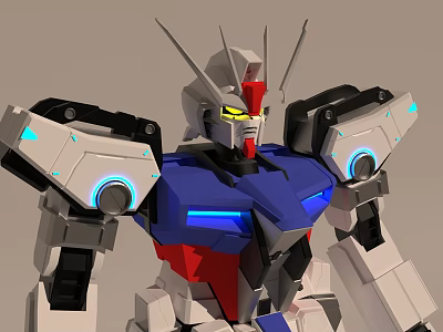 Game Movie Character Mecha Robot with Blue Red Armor Glowing Parts and Antennas Detailed Design 3d model