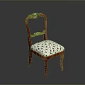 Elegant Wooden Stool With Carved Backrest And Floral Patterned Upholstered Seat