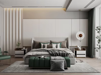 Modern Bedroom Interior Design With Green Bench Nightstands Decorative Pillows And Pendant Light 3d model