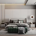 Modern Bedroom Interior Design With Green Bench Nightstands Decorative Pillows And Pendant Light