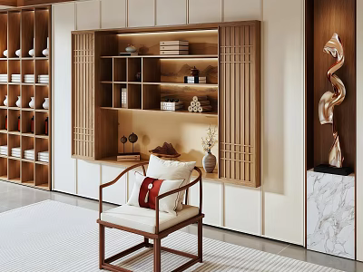 Modern Luxury Wooden Tea Cabinet With Open Shelves Tea Sets And Decorations In Living Room 3d model