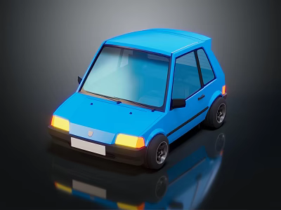 Blue Small 3D Model Car With Bright Headlights On Reflective Surface 3d model