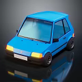 Blue Small 3D Model Car With Bright Headlights On Reflective Surface 3d model