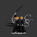 Three Blonde Haired Anime Character Figurines In Black Outfits Holding Swords On Bases