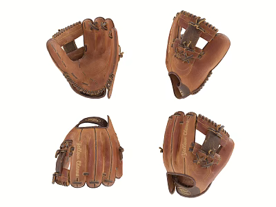 Vintage Brown Leather Baseball Gloves Showing Four Different Angles And Worn Details 3d model