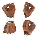 Vintage Brown Leather Baseball Gloves Showing Four Different Angles And Worn Details