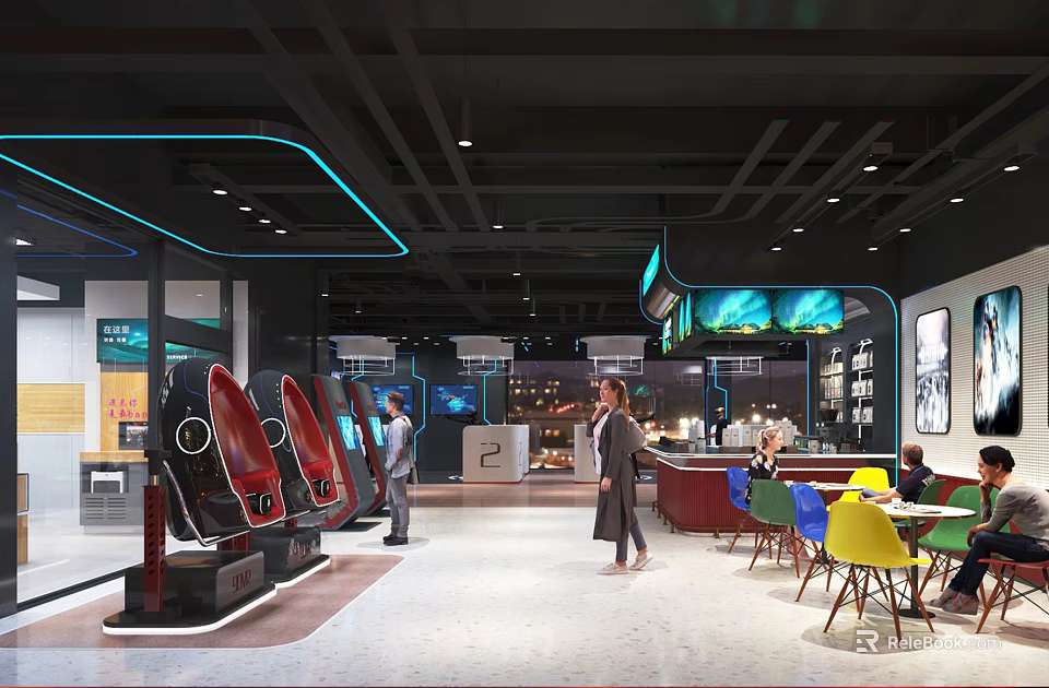 Modern Interior Lounge Space With Neon Lights Colorful Chairs Display Units And People 3d model 