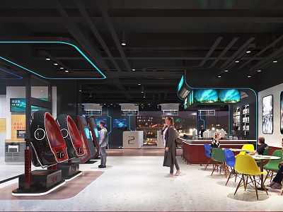 Modern Interior Lounge Space With Neon Lights Colorful Chairs Display Units And People 3d model