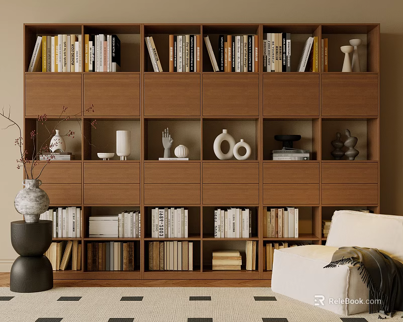 Modern Wooden Bookcase With Multiple Shelves Books Decorative Vases And Sculptures 3d model 