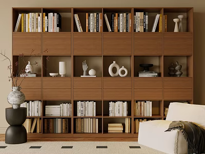 Modern Wooden Bookcase With Multiple Shelves Books Decorative Vases And Sculptures 3d model