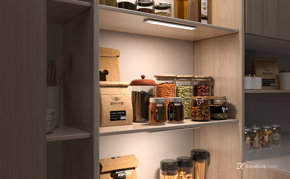 Wooden Pantry Cabinets Featuring Glass Jars Paper Bags Food Ingredients And Lighting 3d model 