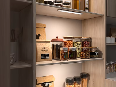 Wooden Pantry Cabinets Featuring Glass Jars Paper Bags Food Ingredients And Lighting 3d model