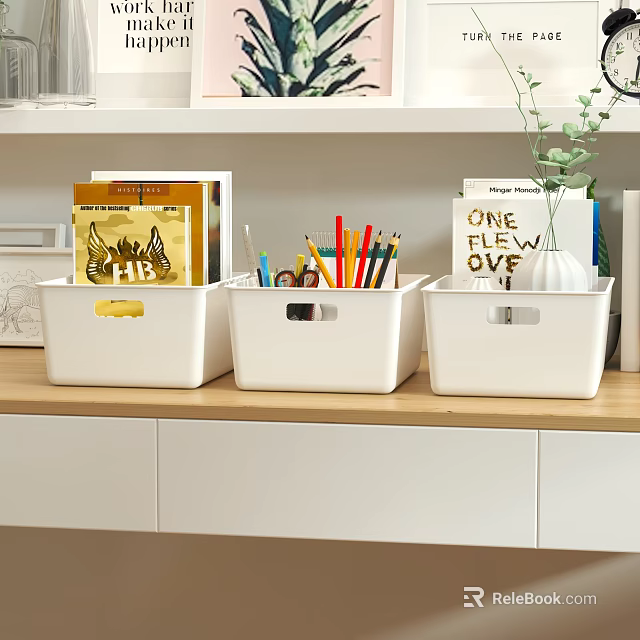 White Plastic Storage Baskets Organizing Books Stationery And Plant On Wooden Shelf 3d model 