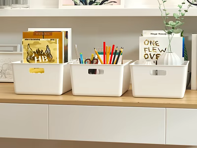White Plastic Storage Baskets Organizing Books Stationery And Plant On Wooden Shelf 3d model