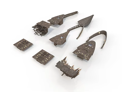 Ancient Wooden Water Vessels Broken Parts and Wreckage Pieces 3d model