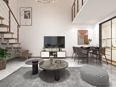 Loft Apartment Living Room Dining Area With TV Cabinet Coffee Table Decorative Paintings Chandelier Staircase 3d model