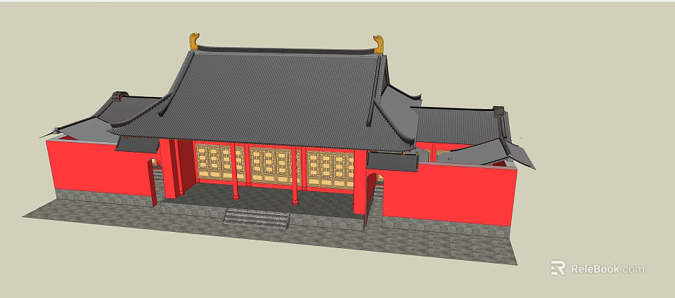 Ancient Chinese Architecture With Overhanging Eaves Red Walls Black Tiled Roof And Wooden Lattice Doors 3d model 