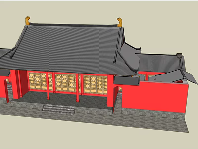 Ancient Chinese Architecture With Overhanging Eaves Red Walls Black Tiled Roof And Wooden Lattice Doors 3d model