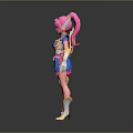 Pink Haired Elf Game Movie Character With Blue Pink Skirt White Gloves And Boots