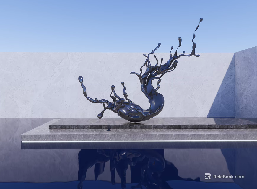 Abstract Black Landscape Sculpture With Fluid Form On Platform And Water Reflection 3d model 