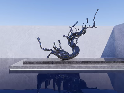 Abstract Black Landscape Sculpture With Fluid Form On Platform And Water Reflection 3d model