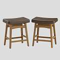 Set Of Two Classic Wooden Bar Stools With Brown Upholstered Saddle Seats For Home Kitchen