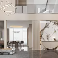 Modern Luxury High Ceiling Living And Dining Room With Marble Accents And Cozy Furnishings