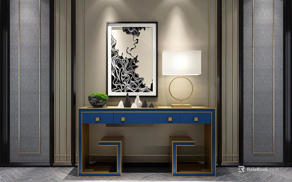 Modern Entryway Console Table With Blue Cabinet Drawers Table Lamp And Artwork 3d model