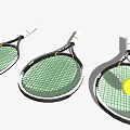 Sports Equipment Three Tennis Rackets With Green Strings White Handles And A Tennis Ball