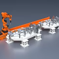 Industrial Robotic Arm Operating On Metal Components With White Base And Sparks