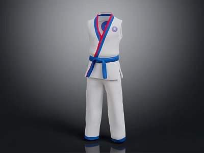 White Taekwondo Uniform With Blue Belt Red And Blue Collar And Chest Badge 3d model