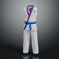 White Taekwondo Uniform With Blue Belt Red And Blue Collar And Chest Badge
